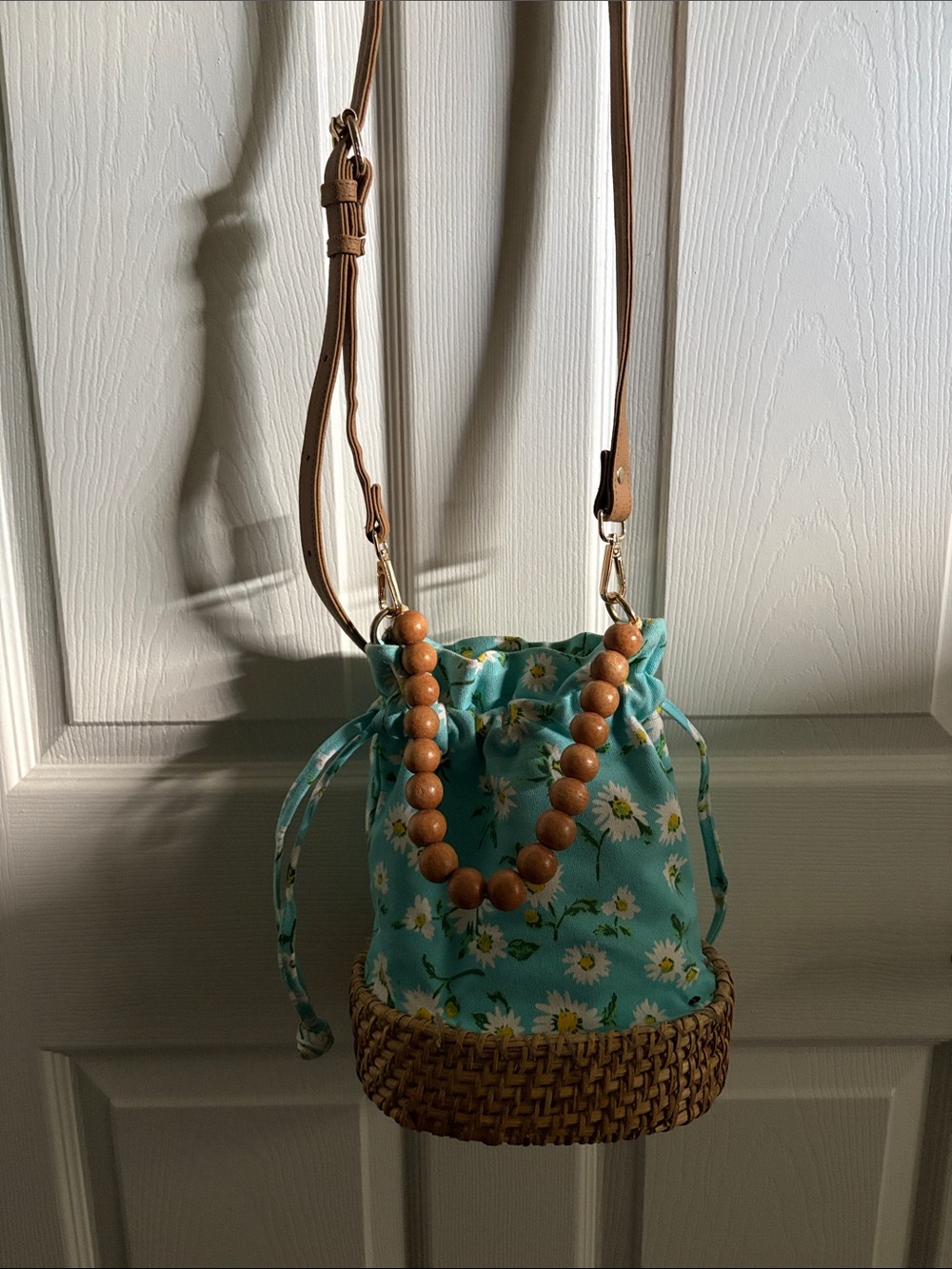 Floral Daisy Drawstring Bucket Bag with Woven Base - Turquoise